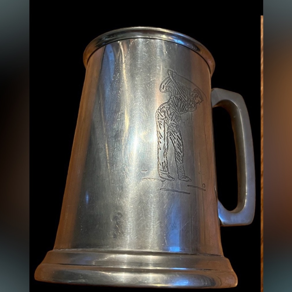 Vintage pewter mug tankard with glass bottom and embossed golfer